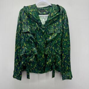 Donna Karan Women’s Large Abstract Green Satin Jacket Drawstring‎ Waist Hood